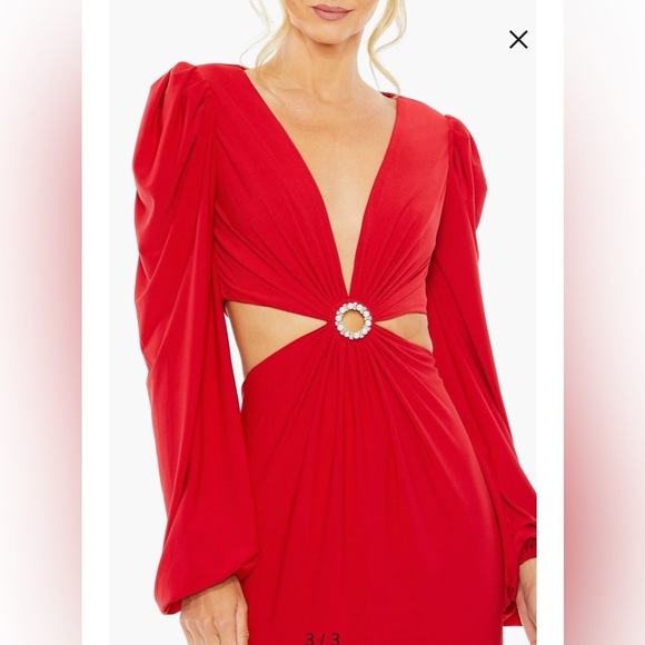 NWT MAC DUGGAL Red Jersey Puff Sleeve Cut Out Column Gown (26727) - Size 0 - Picture 3 of 10
